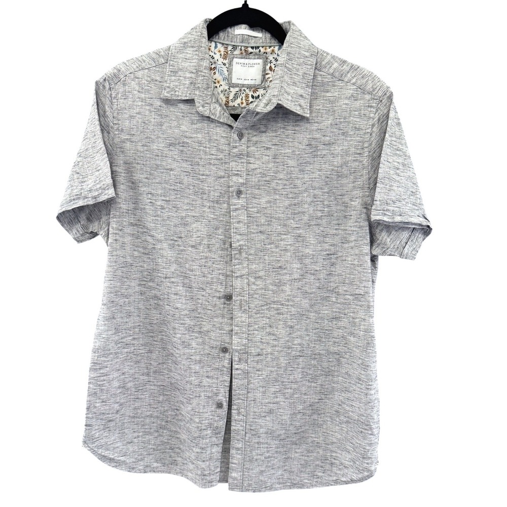 Denim & Flower Ricky Singh Shirt Men's Medium Grey Linen Textured Coastal Casual